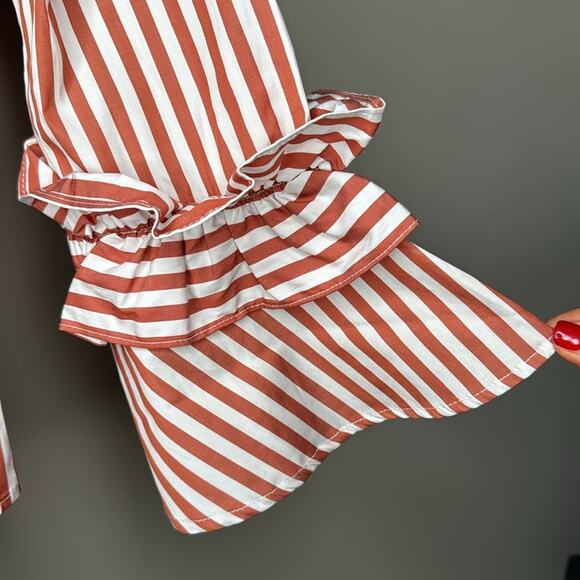 NWT HARSHMAN Women’s Brown Striped Ruffle Sleeve Button Front Selina Shirt - Picture 4 of 8